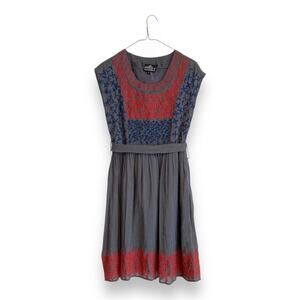 Vintage Angie Gray Red Blue Embroidered Silk Midi Sleeveless Dress Size Medium